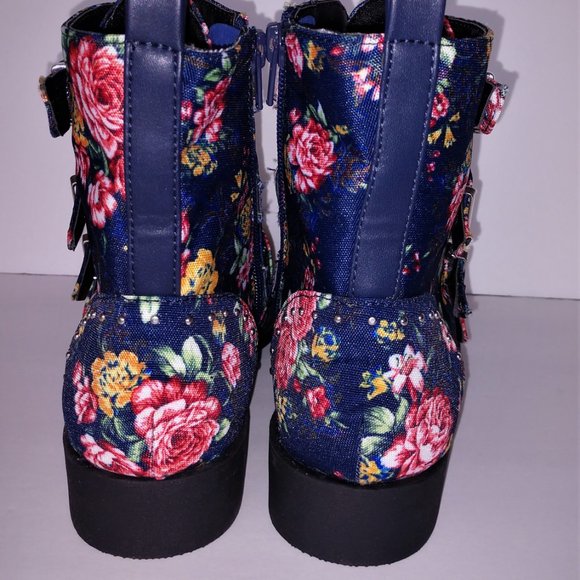 Qupid Rose Print Blue Denim Ankle Boots Buckles 5.5 - 10 - Picture 7 of 11
